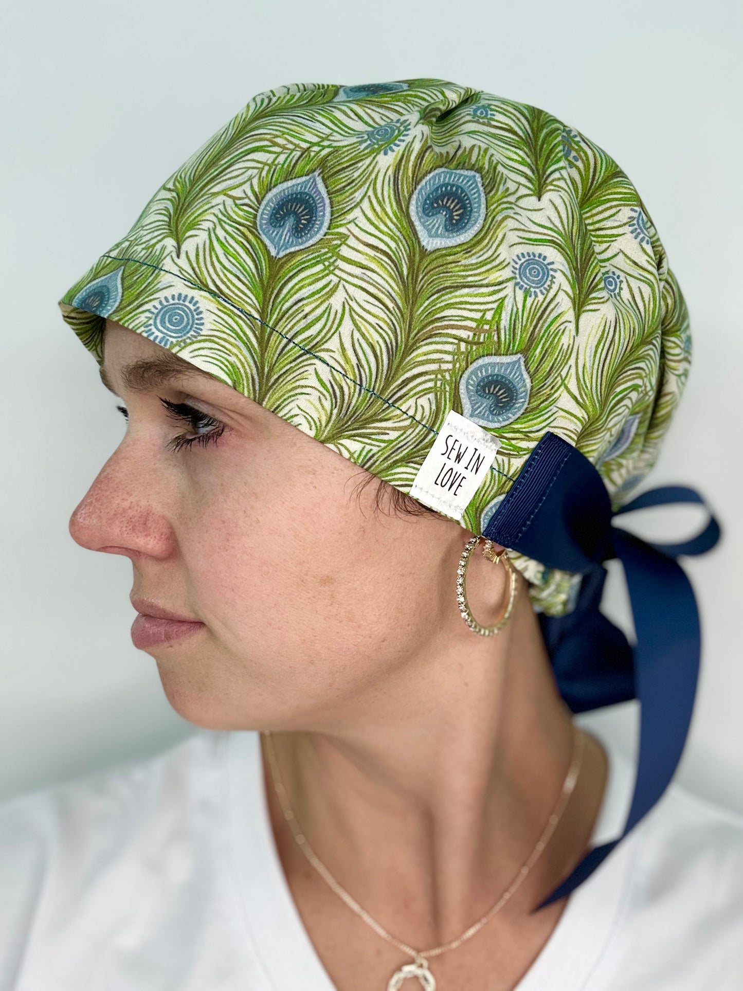 Ribbon Back - Peacock Feathers: Euro-Style Scrub Cap