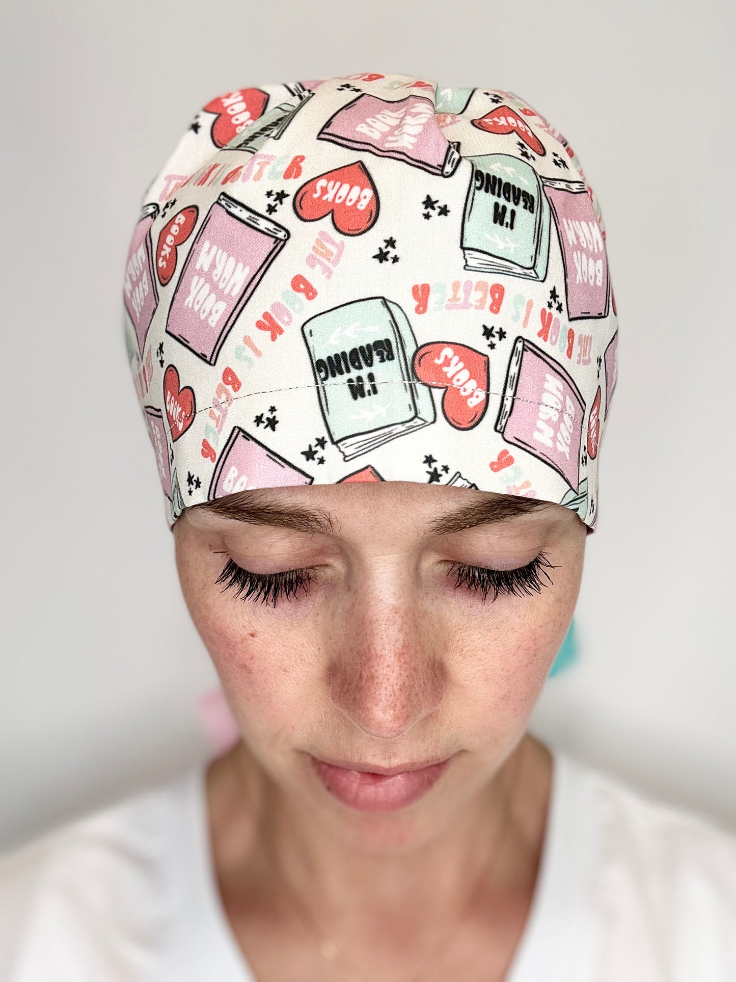 Ribbon Back- Book Worm (Mismatched Ribbons): Euro-Style Scrub Cap