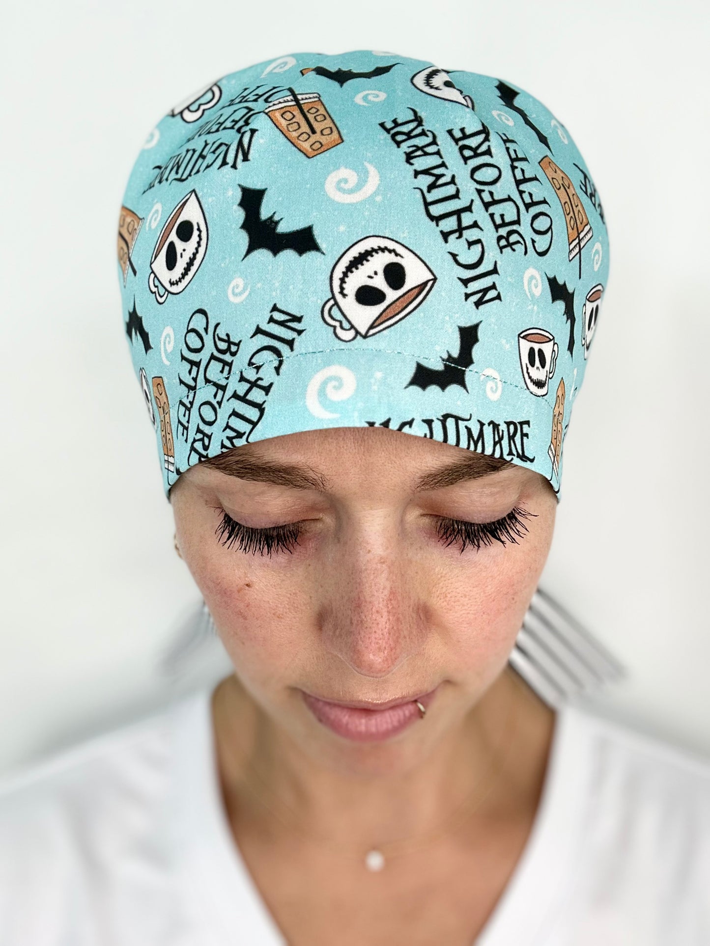 Ribbon Back- Nightmare Before Coffee: Euro-Style Scrub Cap