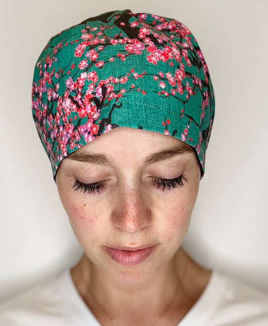 Toggle Back- Cherry Blossoms: Euro-Style Scrub Cap