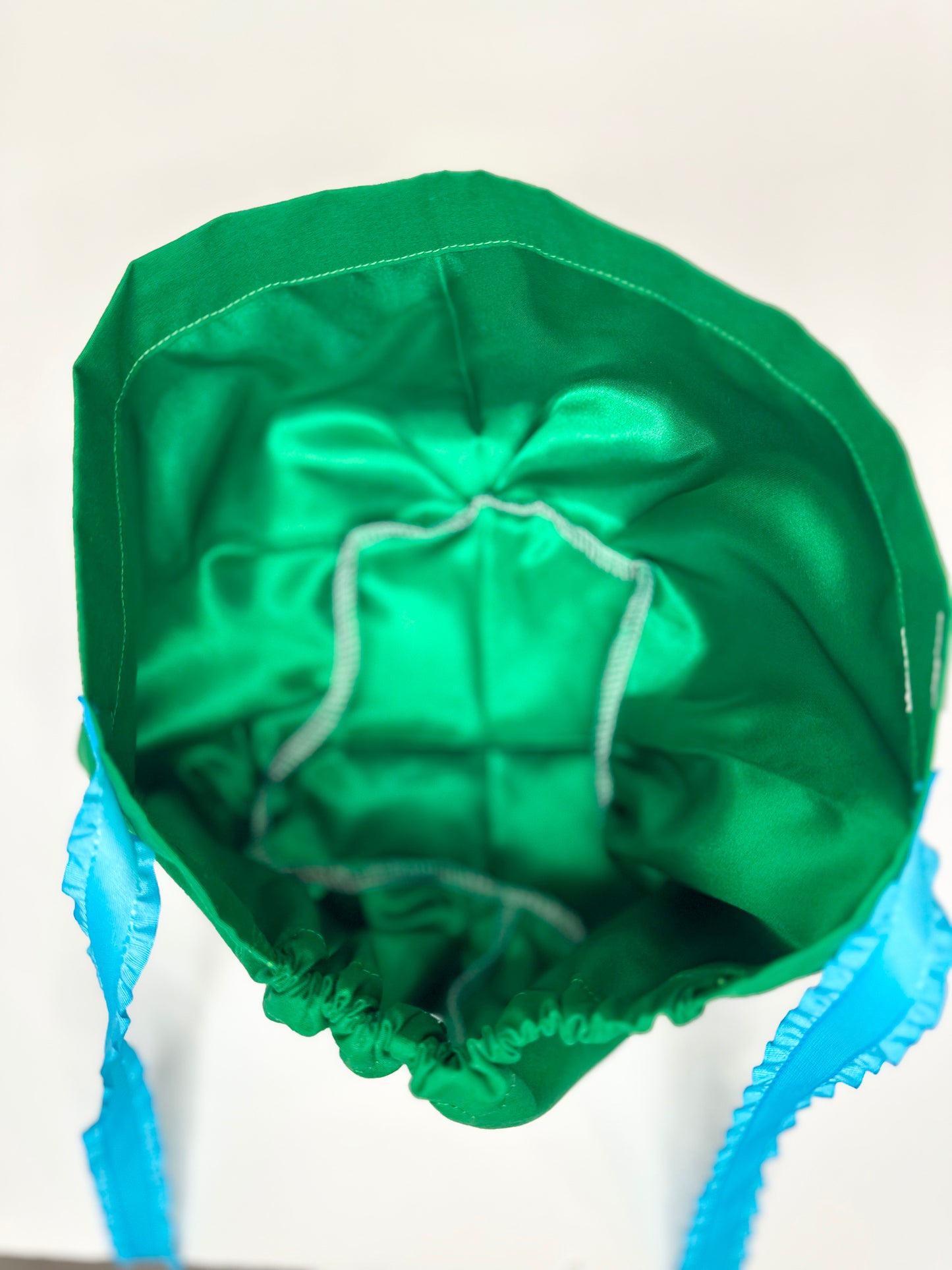 *Sneaky Print* Ribbon Back- Solid Green with Skinny Ruffle Ribbon: Euro-Style Scrub Cap