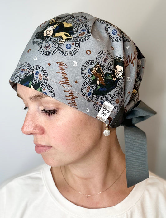 SATIN LINED- Grey Hocus Pocus: Euro-Style Scrub Cap