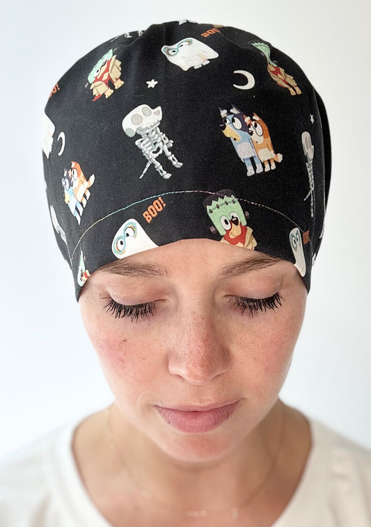*Toggle Back* SATIN LINED- Bluey Halloween: Euro-Style Scrub Cap