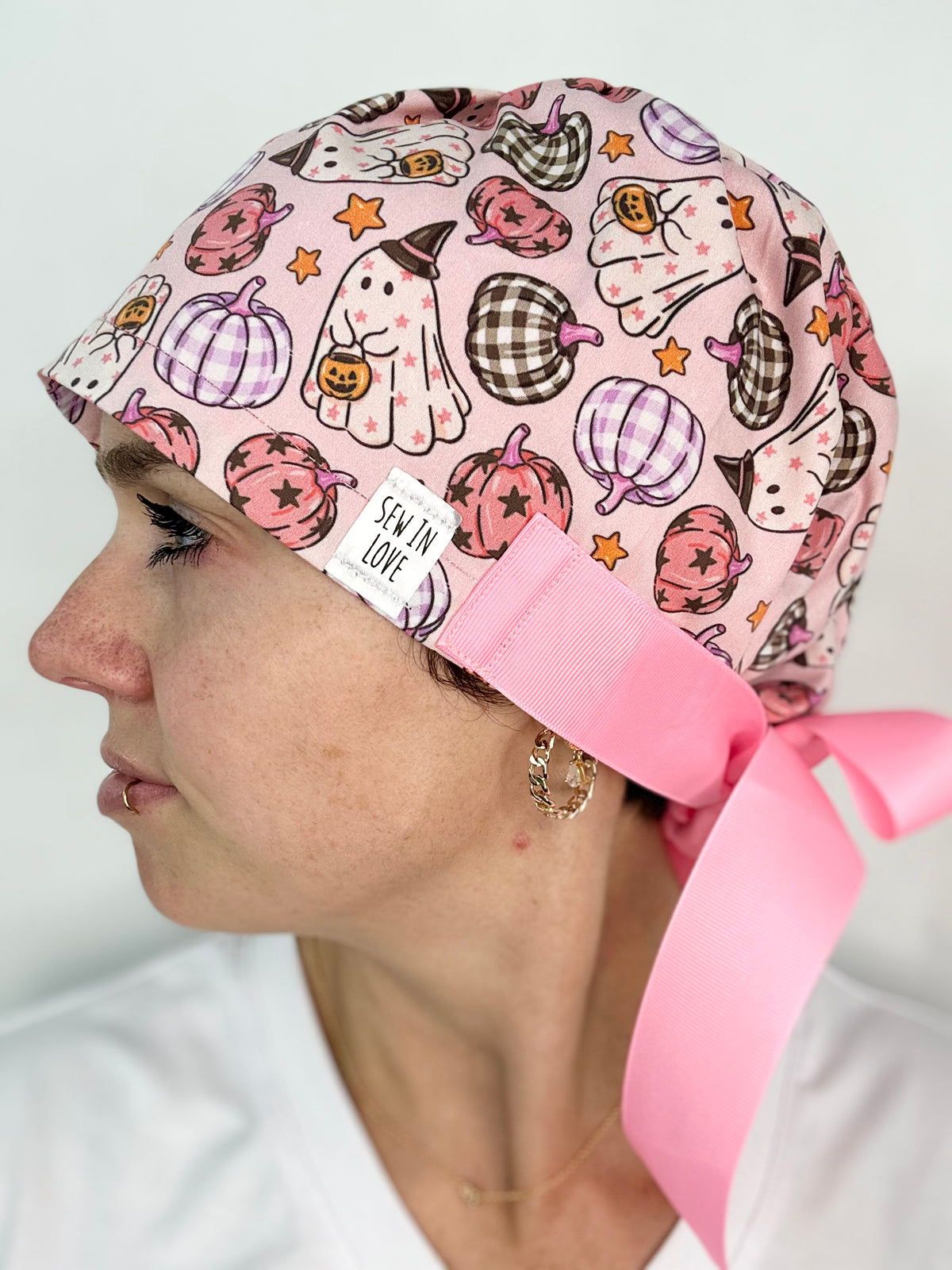 Ribbon Back- Ghosts and Gingham Pumpkins : Euro-Style Scrub Cap