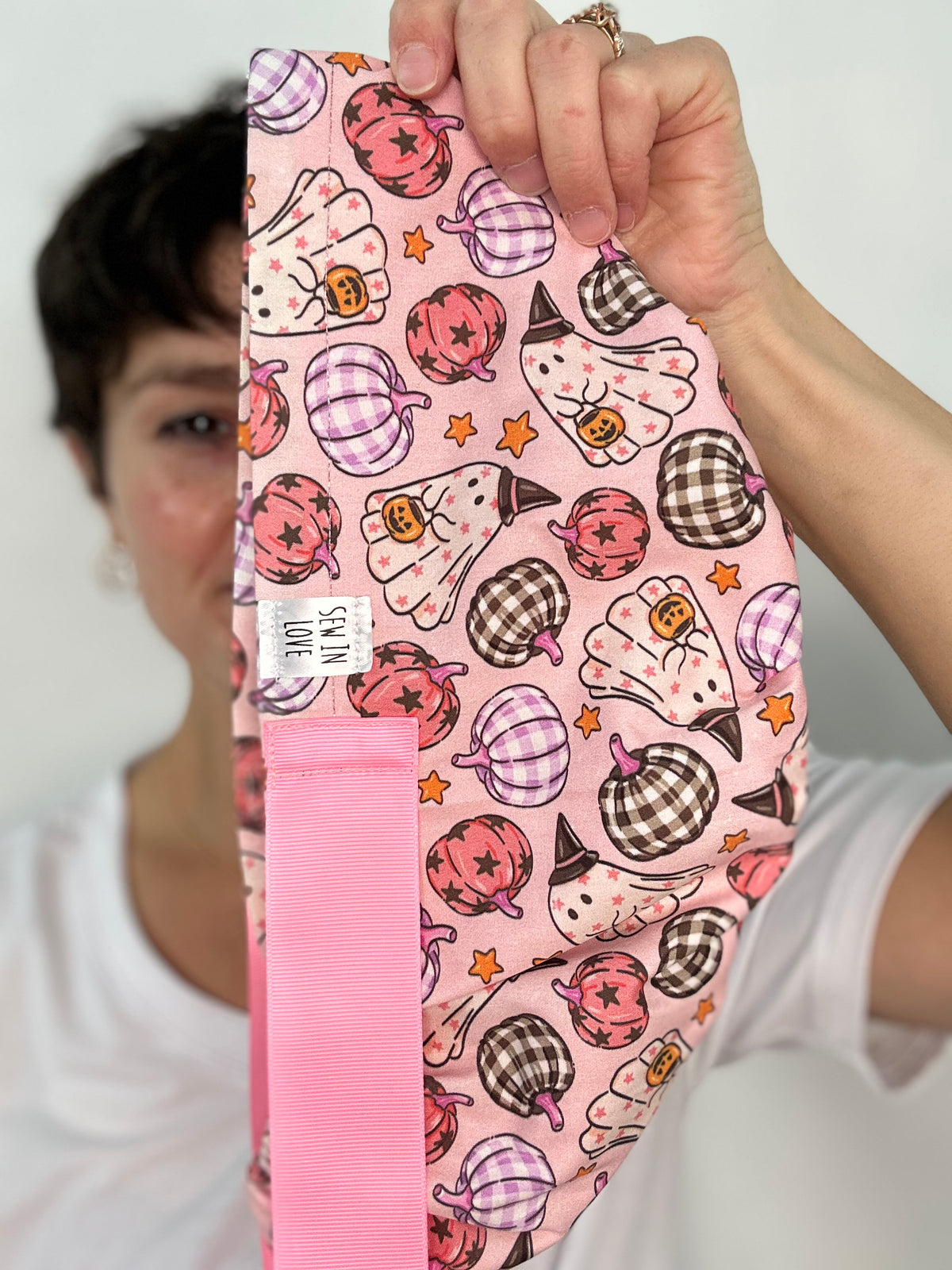 Ribbon Back- Ghosts and Gingham Pumpkins : Euro-Style Scrub Cap