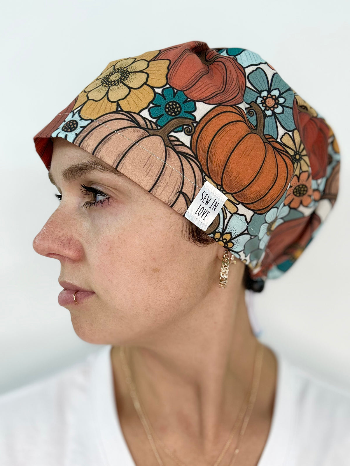 Toggle Back- Pumpkins in Blue: Euro-Style Scrub Cap