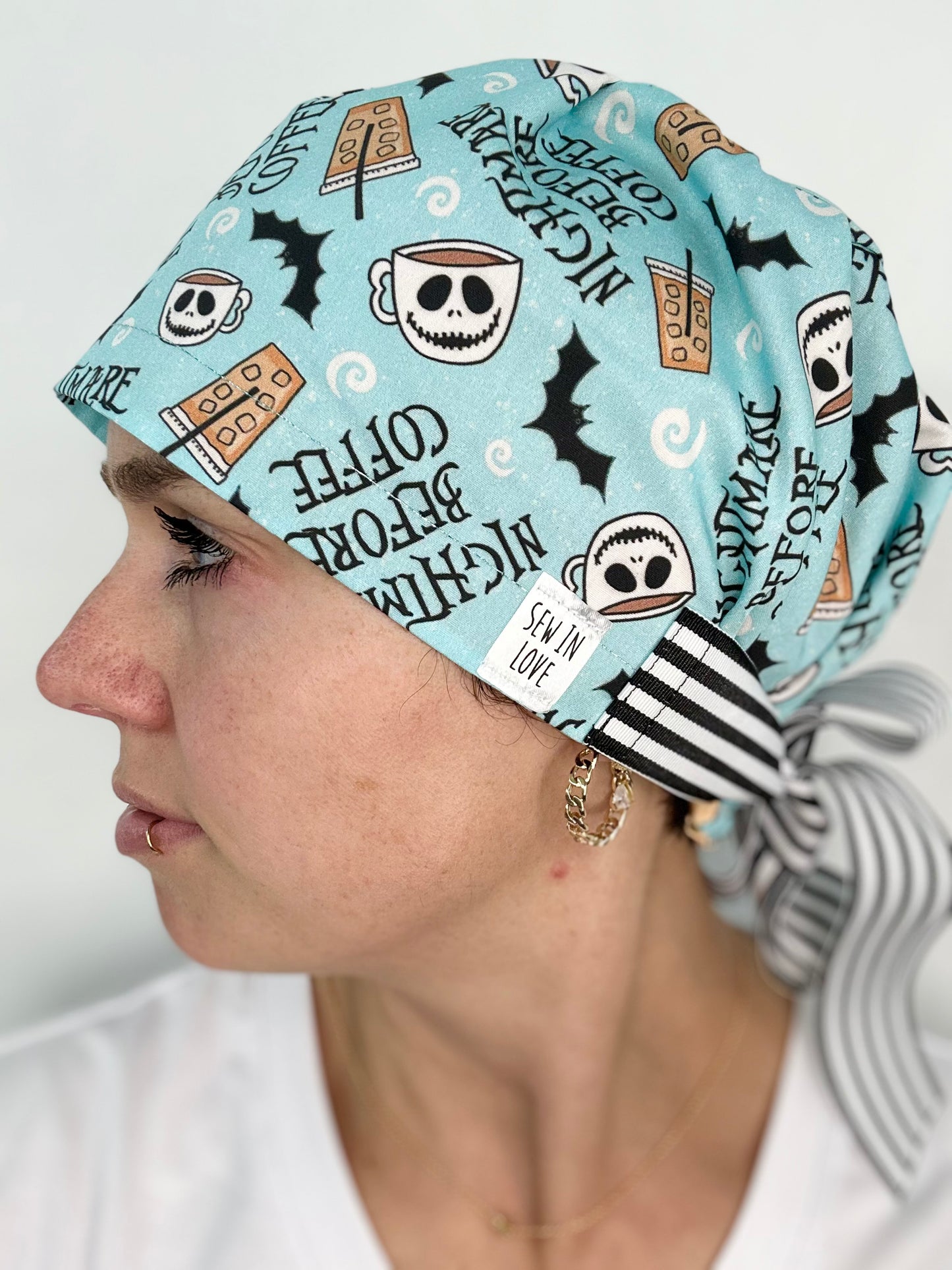 Ribbon Back- Nightmare Before Coffee: Euro-Style Scrub Cap