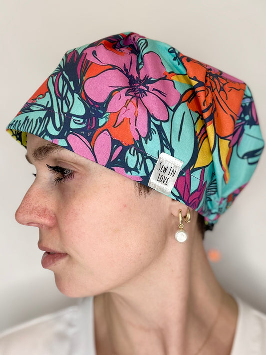 Toggle Back- Spunky Floral: Euro-Style Scrub Cap