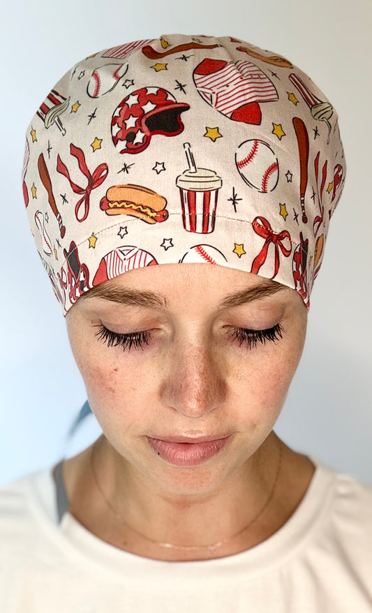 SATIN LINED- Play Ball (Slim Blue Ribbon): Euro-Style Scrub Cap