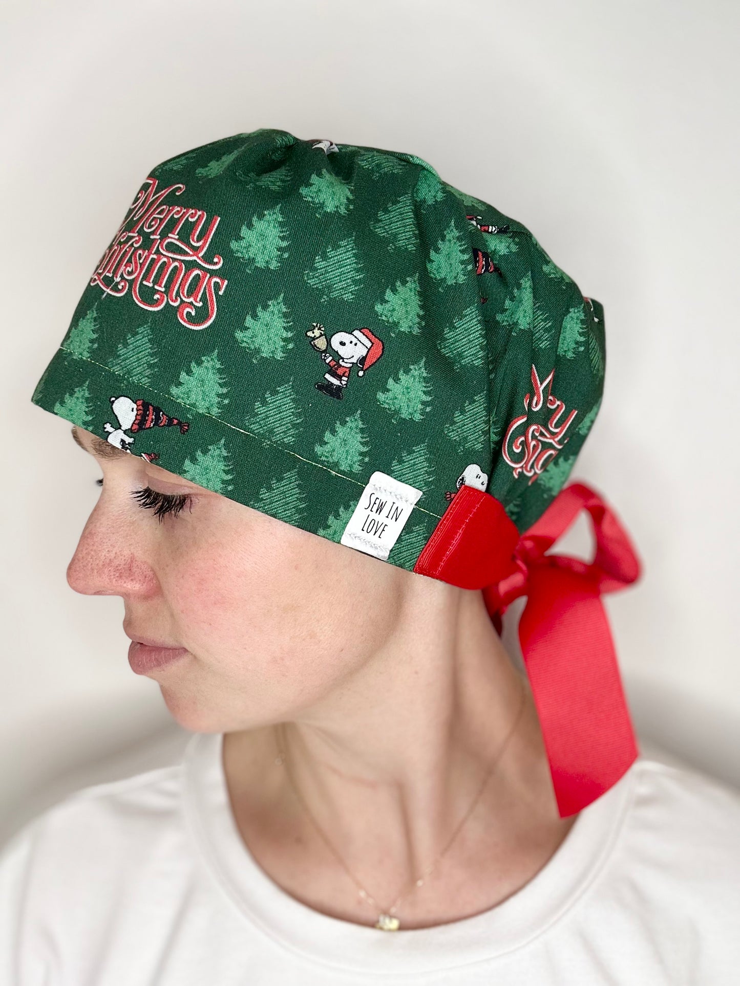 Ribbon Back- Merry Christmas Snoopy: Euro-Style Scrub Cap