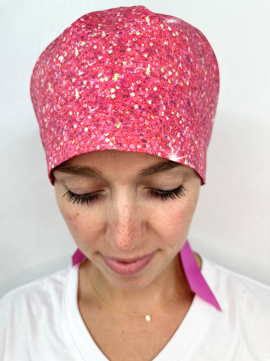 Ribbon Back-Faux Sparkly Fuschia: Euro-Style Scrub Cap