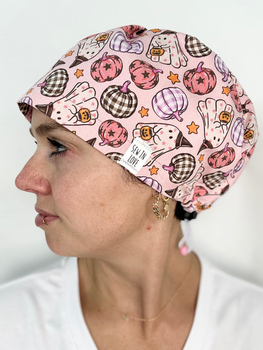 Toggle Back- Ghosts and Gingham Pumpkins: Euro-Style Scrub Cap