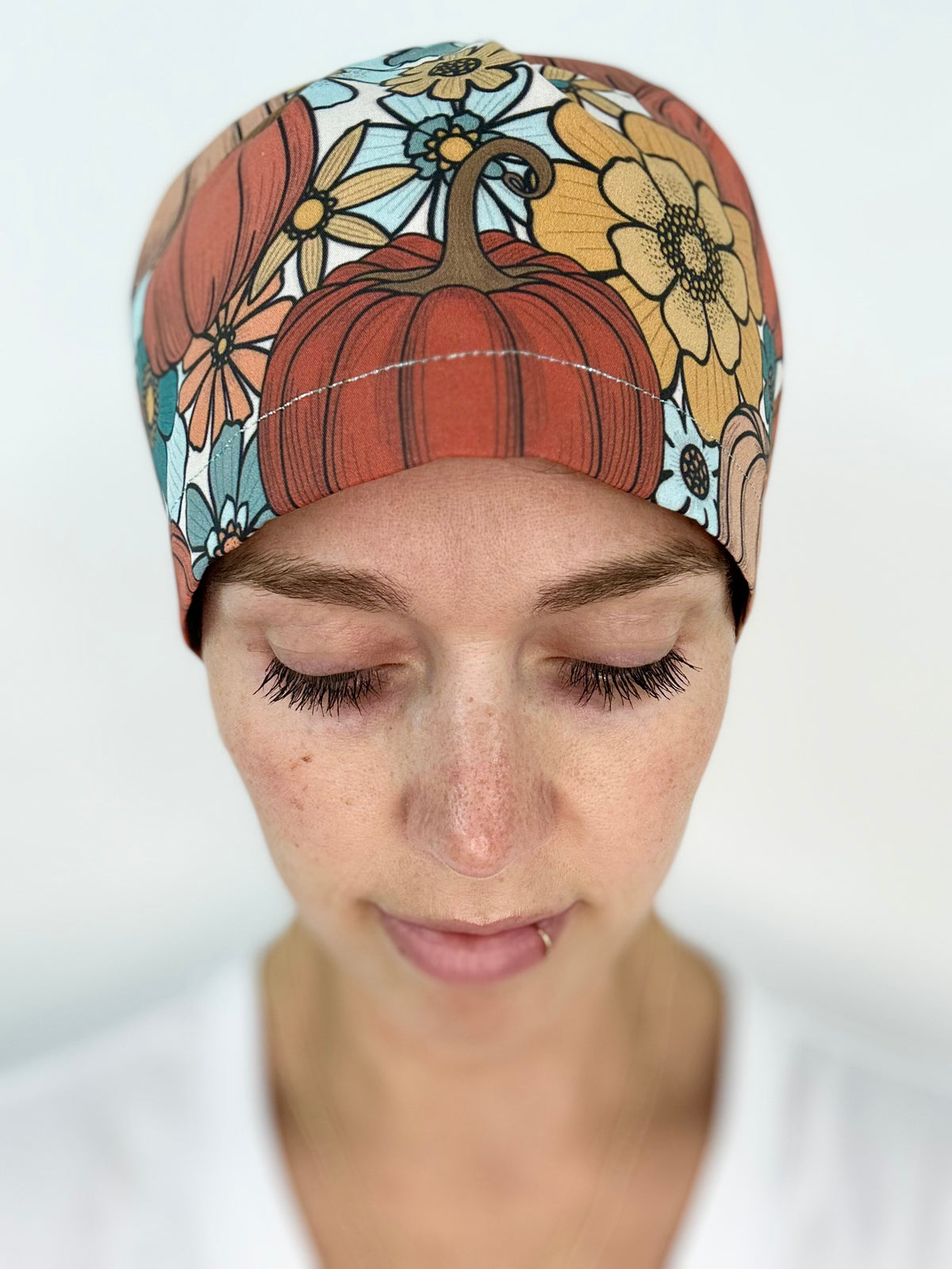 Toggle Back- Pumpkins in Blue: Euro-Style Scrub Cap