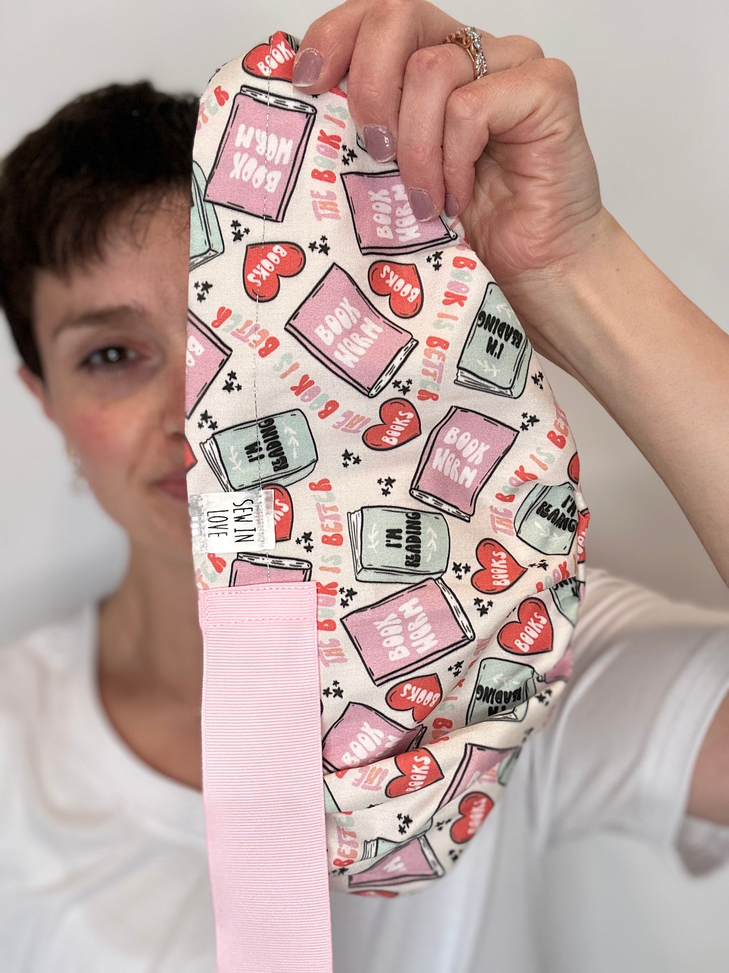 Ribbon Back- Book Worm (Mismatched Ribbons): Euro-Style Scrub Cap