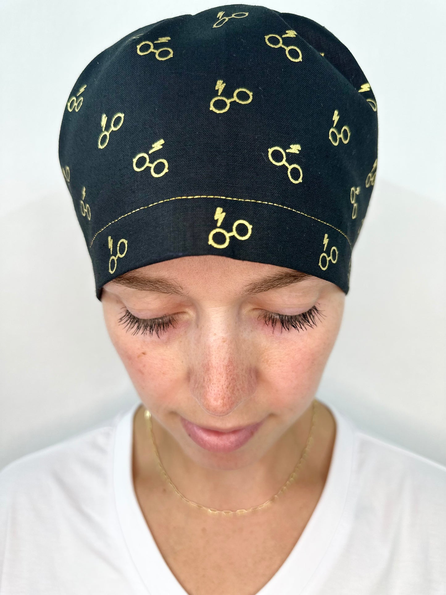 Toggle Back- Golden Glasses: Euro-Style Scrub Cap