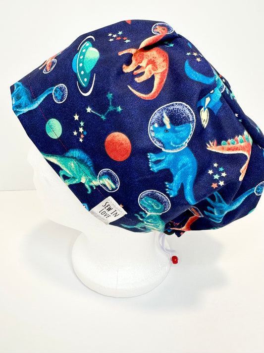 *Toggle Back* SATIN LINED- Space Dinos: Euro-Style Scrub Cap
