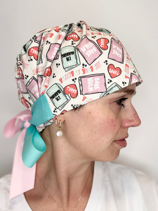 Ribbon Back- Book Worm (Mismatched Ribbons): Euro-Style Scrub Cap