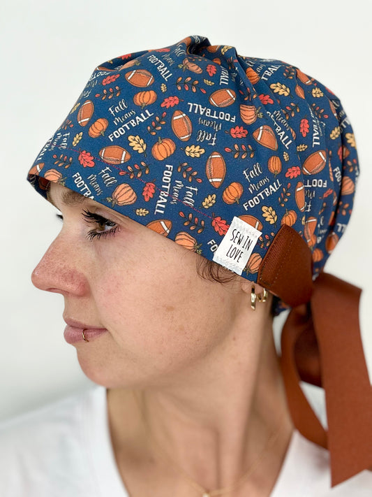 Ribbon Back- Fall Means Football: Euro-Style Scrub Cap