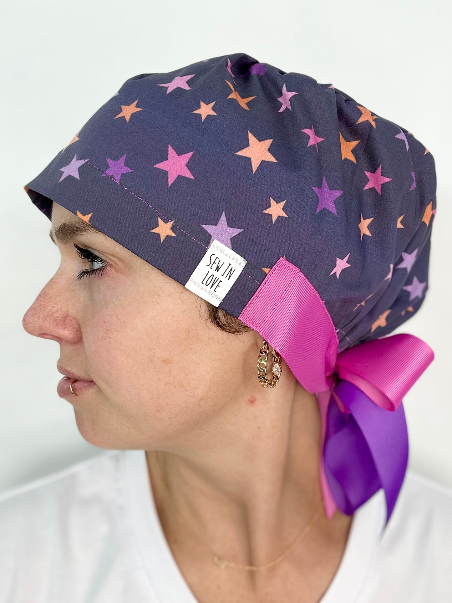 Ribbon Back- Halloween Stars (Minor Fabric Flaw): Euro-Style Scrub Cap