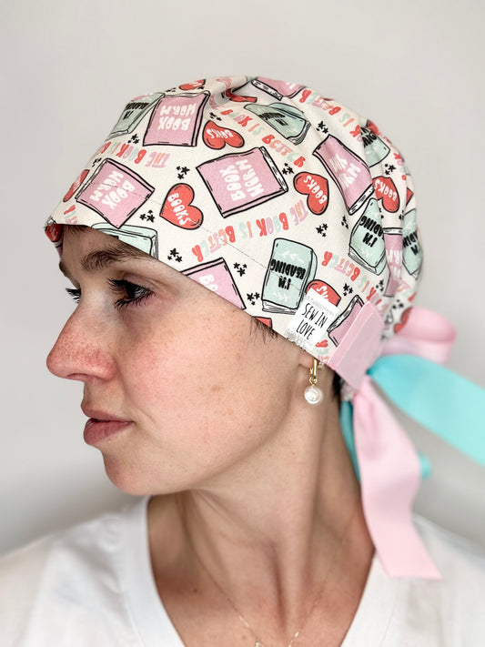 Ribbon Back- Book Worm (Mismatched Ribbons): Euro-Style Scrub Cap