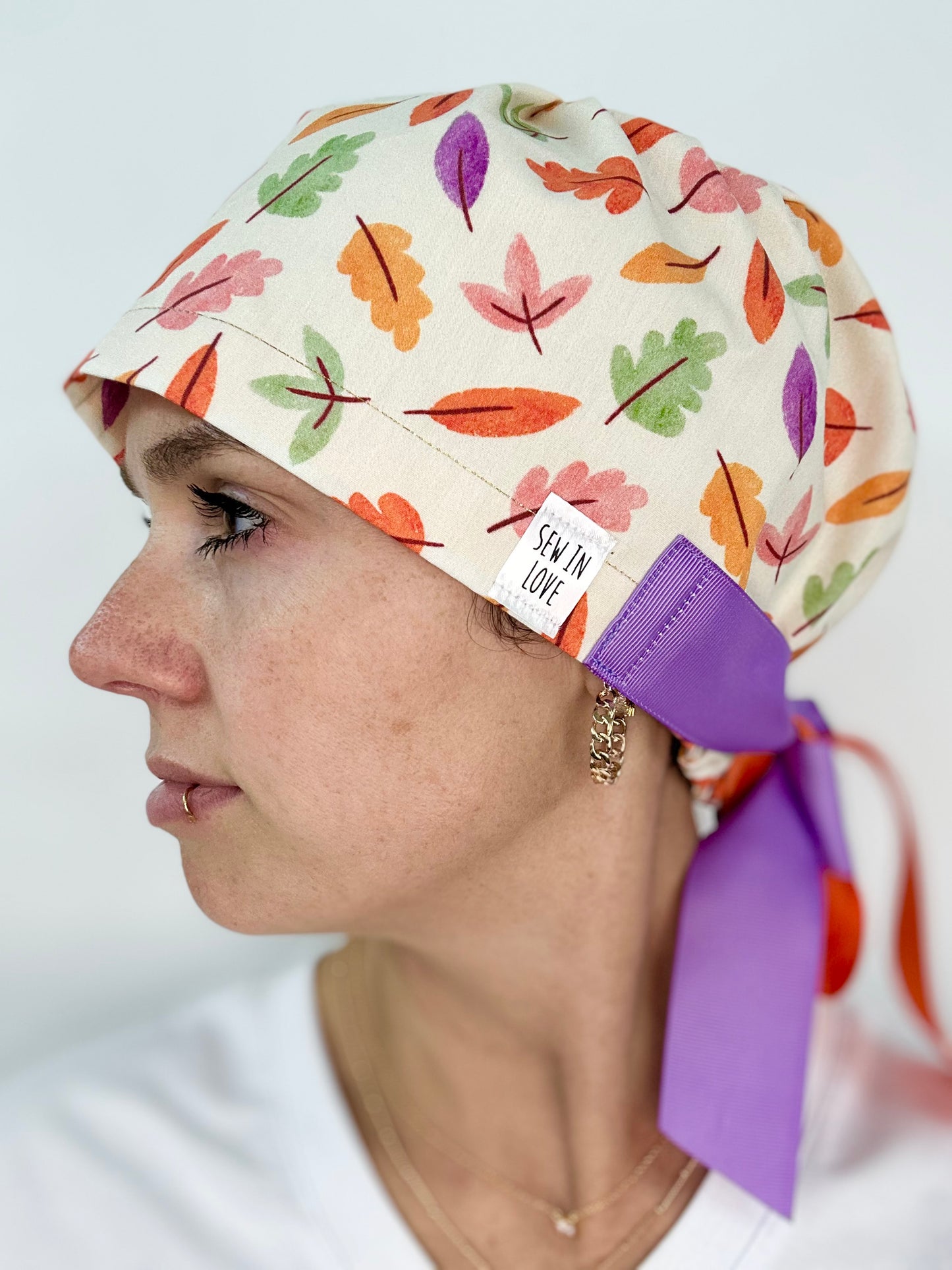 Ribbon Back- Happy Leaves: Euro-Style Scrub Cap
