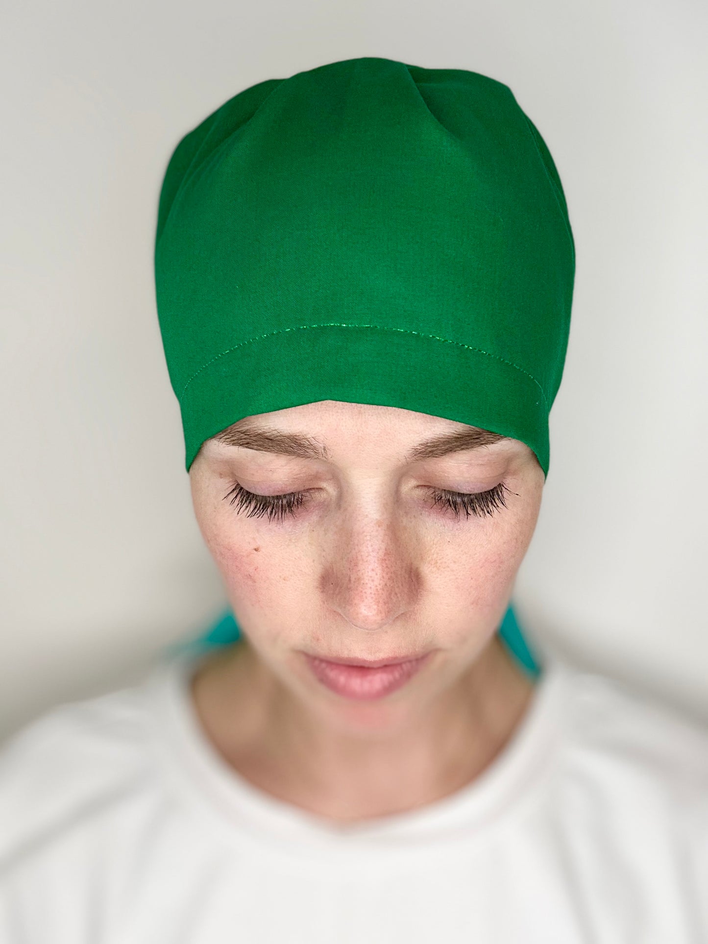 *Sneaky Print* Ribbon Back- Solid Green with Turquoise Ribbon: Euro-Style Scrub Cap