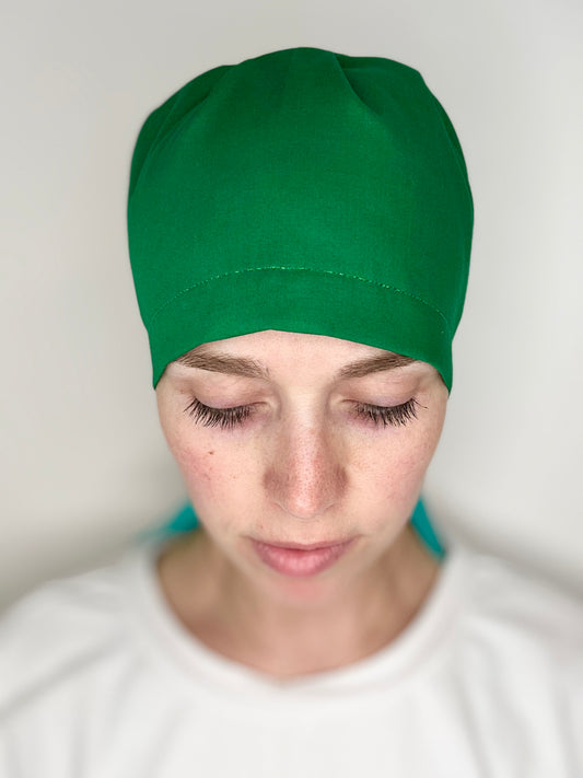 *Sneaky Print* Ribbon Back- Solid Green with Turquoise Ribbon: Euro-Style Scrub Cap