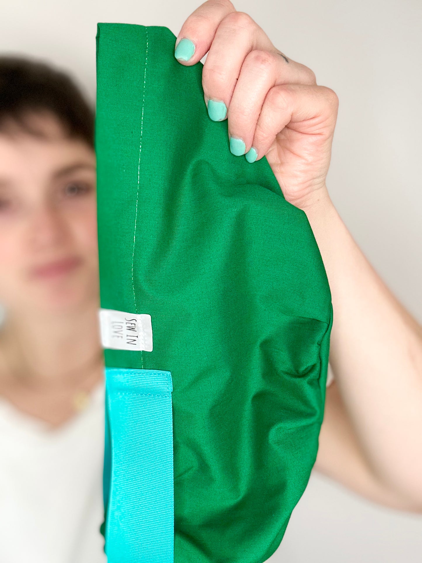 *Sneaky Print* Ribbon Back- Solid Green with Turquoise Ribbon: Euro-Style Scrub Cap