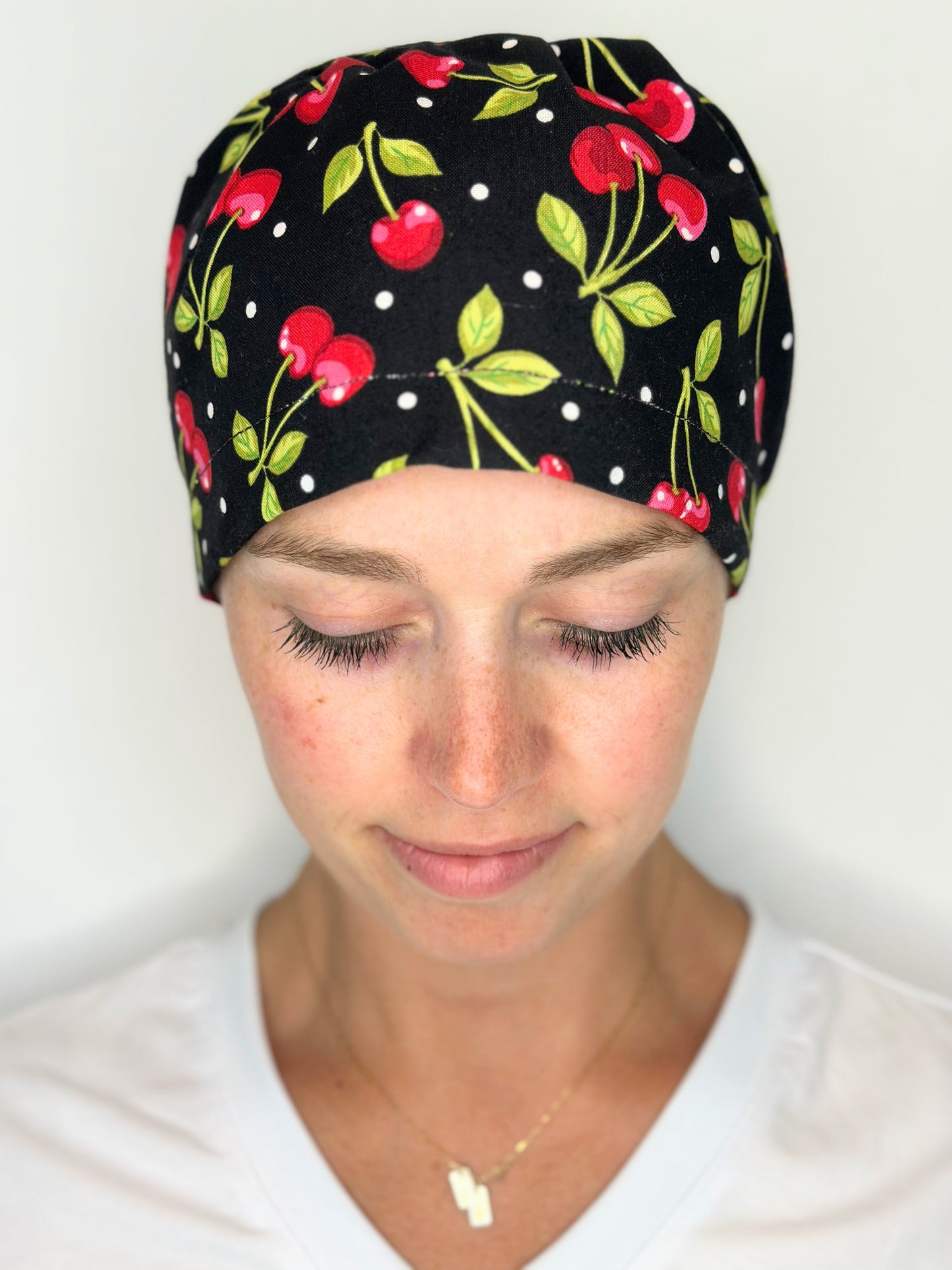 Toggle Back- Bold Cherries: Euro-Style Scrub Cap