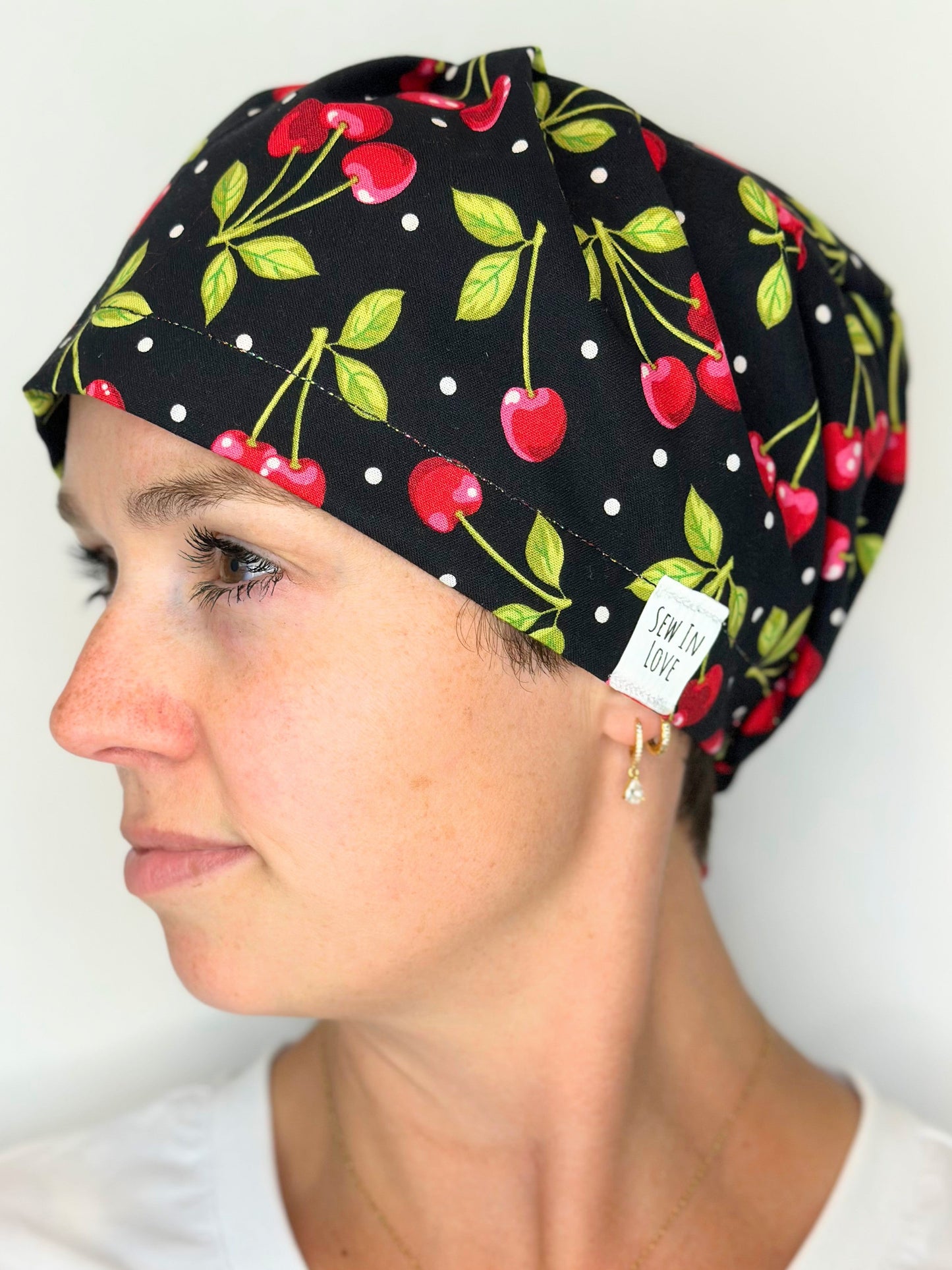 Toggle Back- Bold Cherries: Euro-Style Scrub Cap