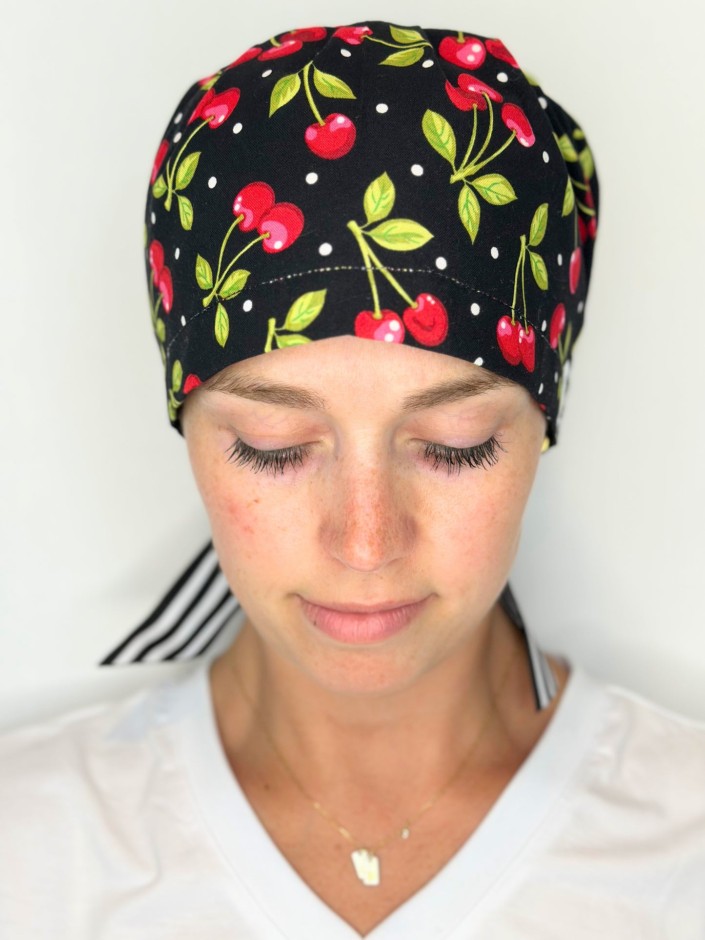 Ribbon Back- Bold Cherries: Euro-Style Scrub Cap