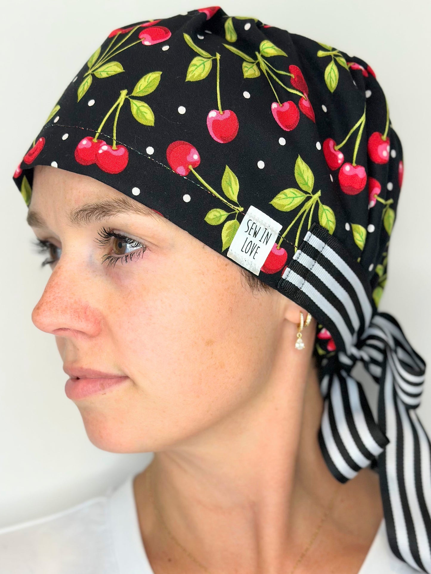 Ribbon Back- Bold Cherries: Euro-Style Scrub Cap