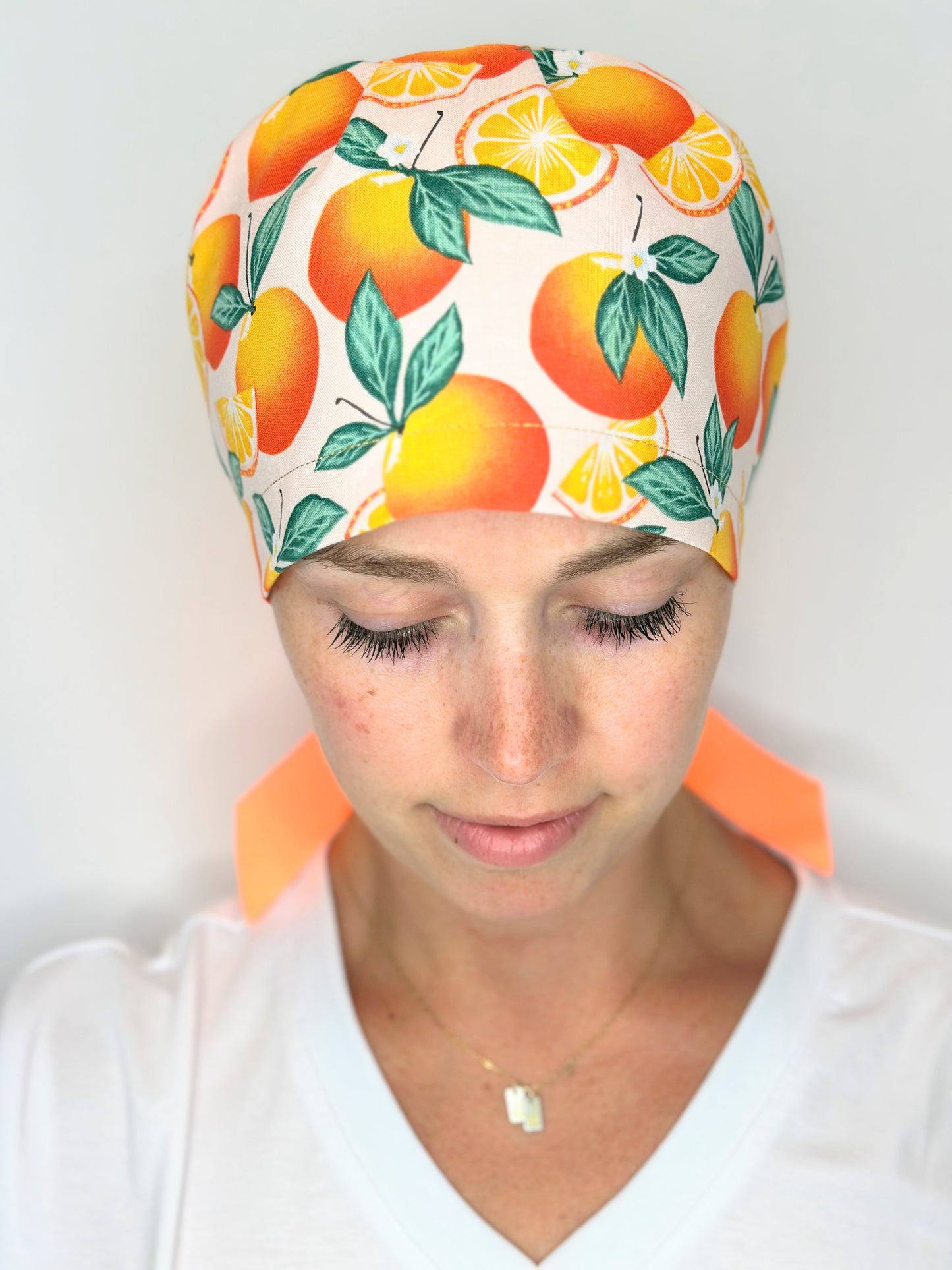 Ribbon Back-Neon Oranges: Euro-Style Scrub Cap
