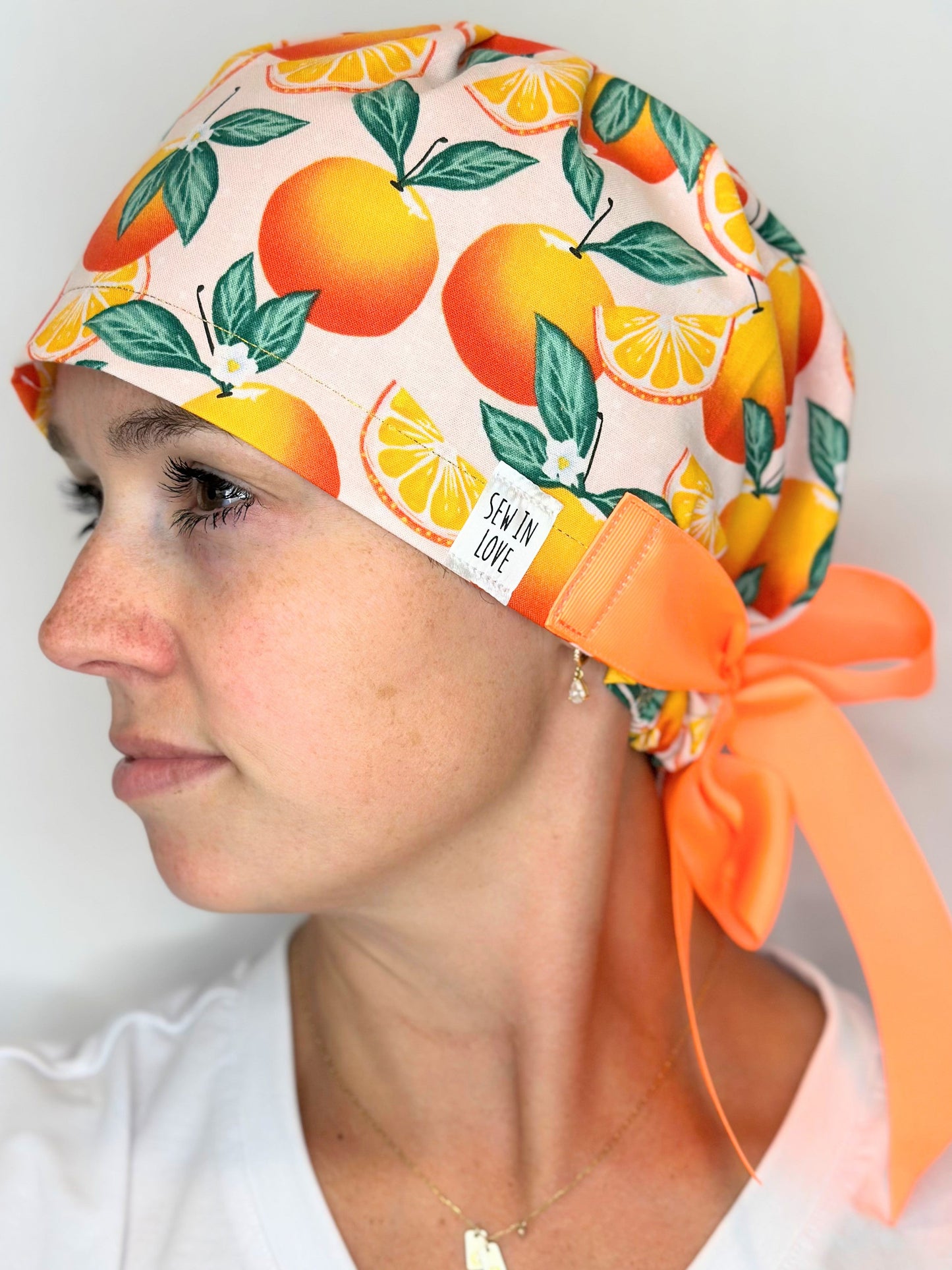 Ribbon Back-Neon Oranges: Euro-Style Scrub Cap