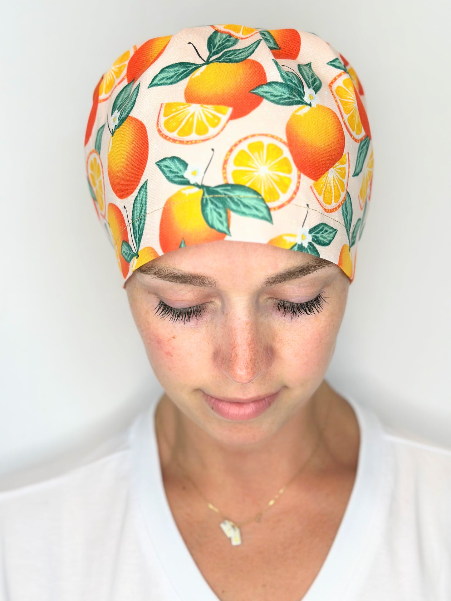 Toggle Back- Neon Oranges: Euro-Style Scrub Cap