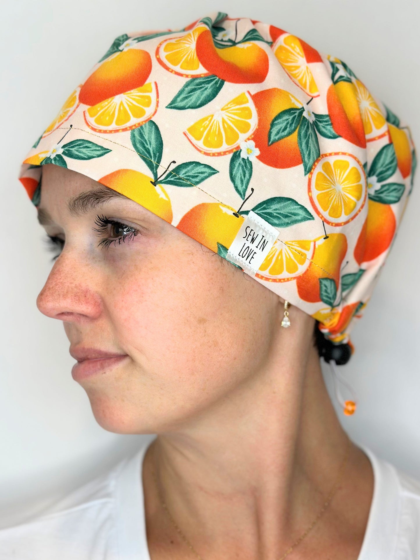 Toggle Back- Neon Oranges: Euro-Style Scrub Cap