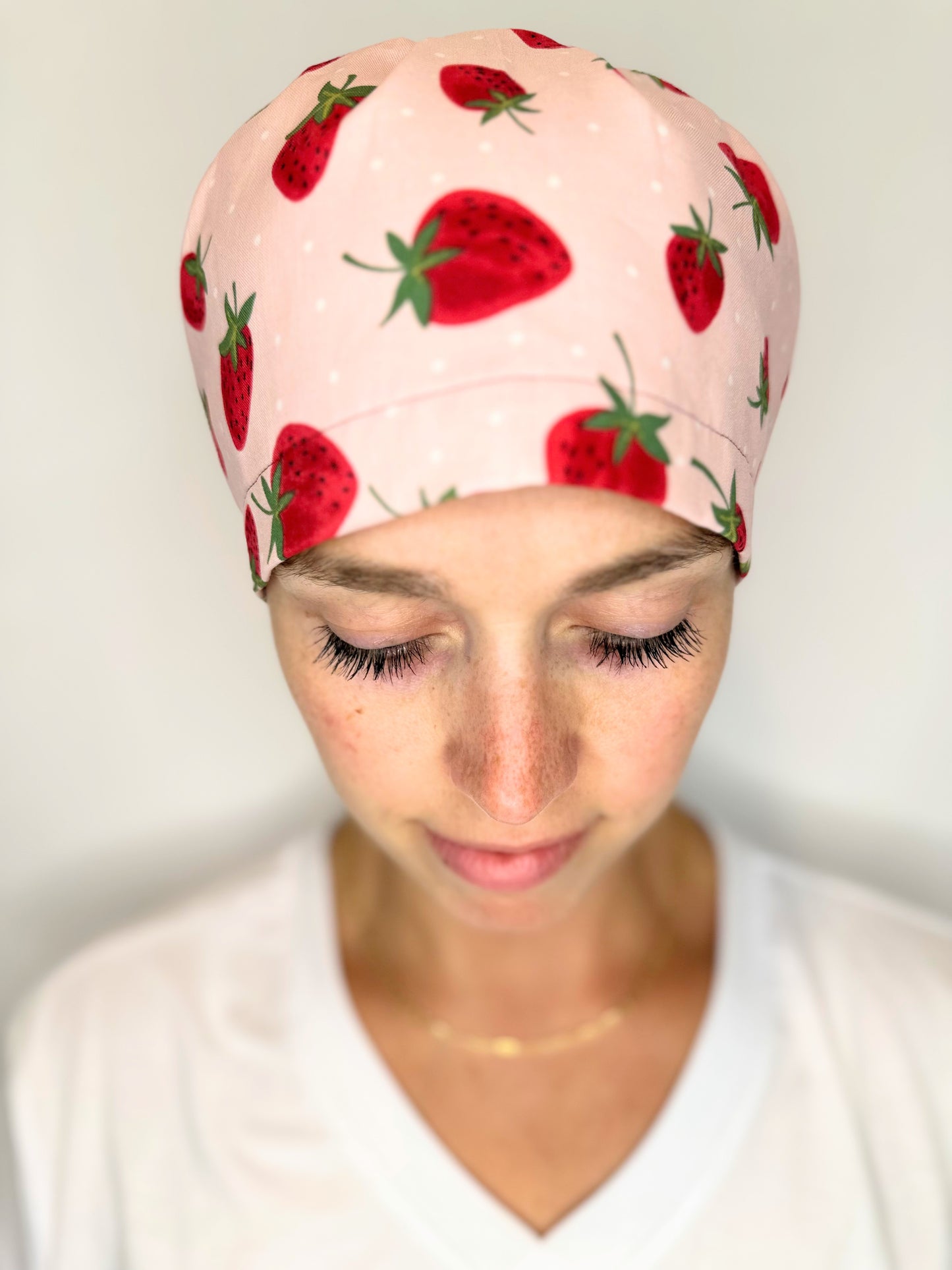 Toggle Back- Cutesy Strawberries: Euro-Style Scrub Cap