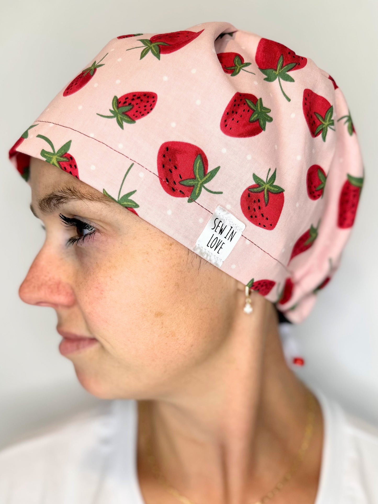 Toggle Back- Cutesy Strawberries: Euro-Style Scrub Cap