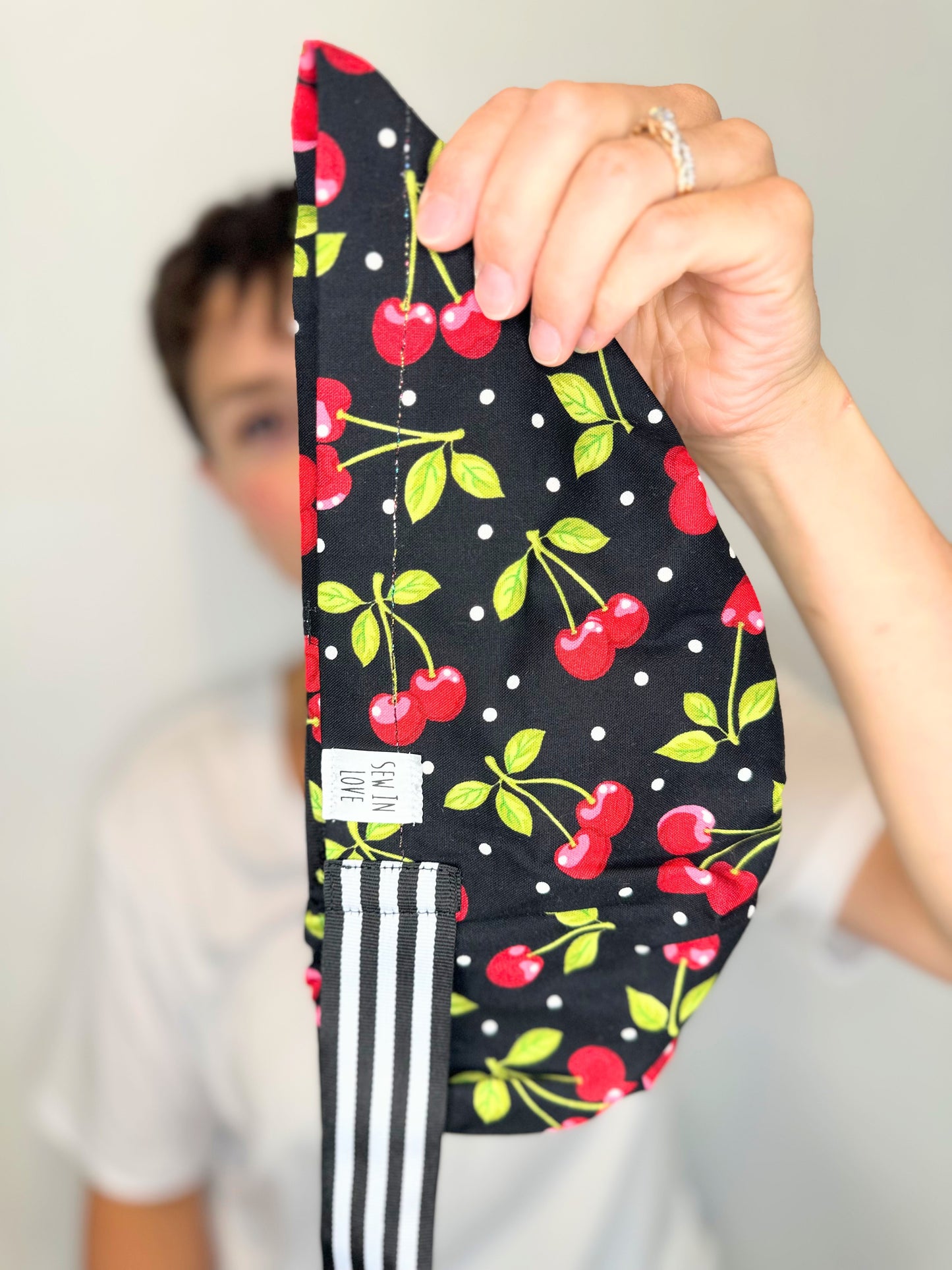 Ribbon Back- Bold Cherries: Euro-Style Scrub Cap