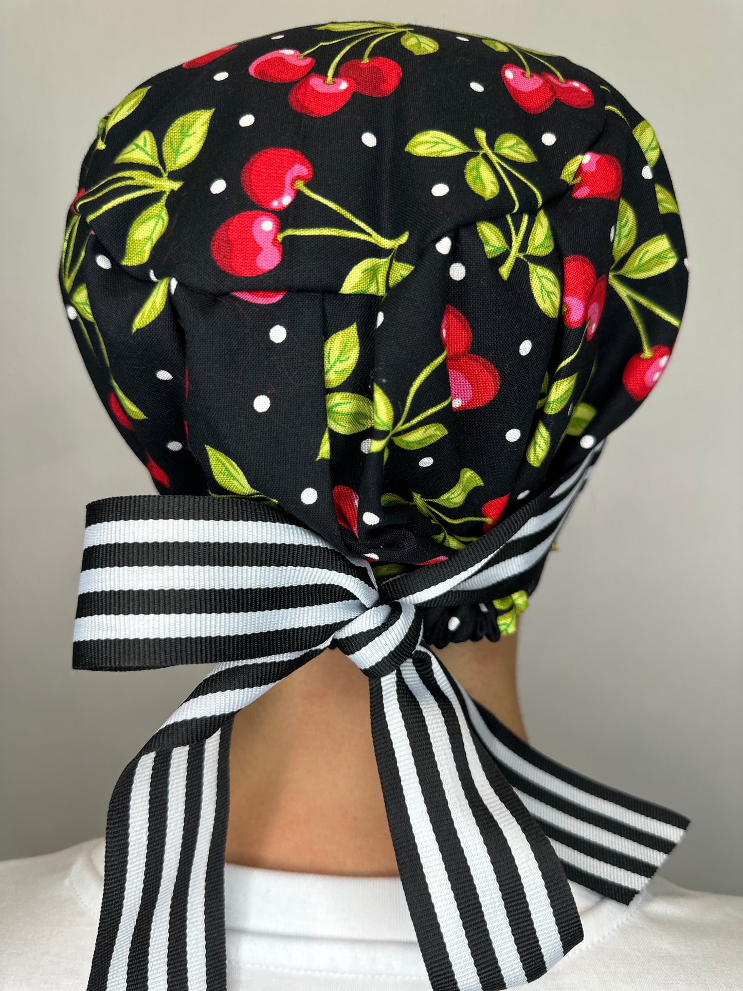 Ribbon Back- Bold Cherries: Euro-Style Scrub Cap