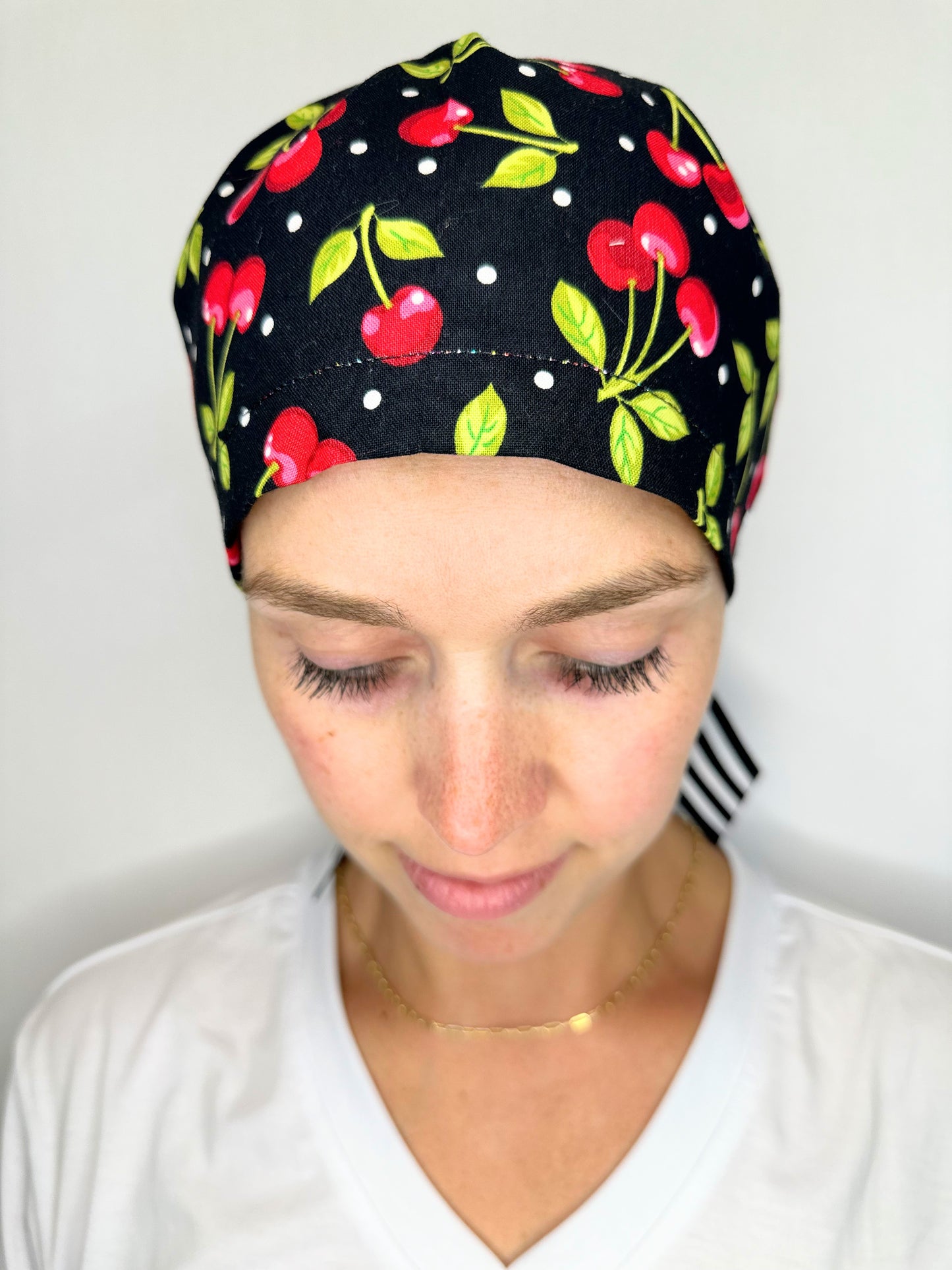 Ribbon Back- Bold Cherries (Small Fit): Euro-Style Scrub Cap