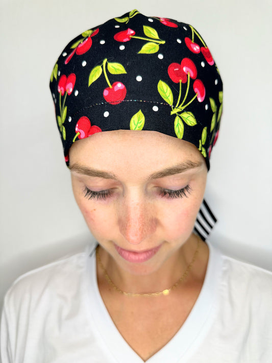 Ribbon Back- Bold Cherries (Small Fit): Euro-Style Scrub Cap