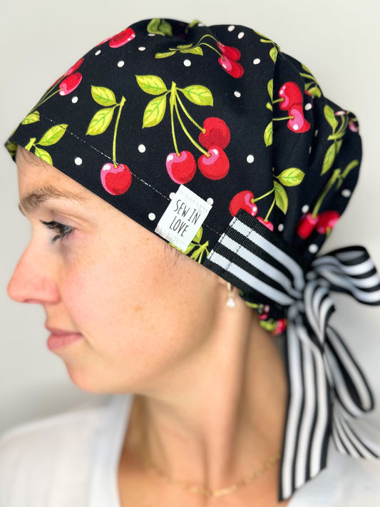 Ribbon Back- Bold Cherries (Small Fit): Euro-Style Scrub Cap