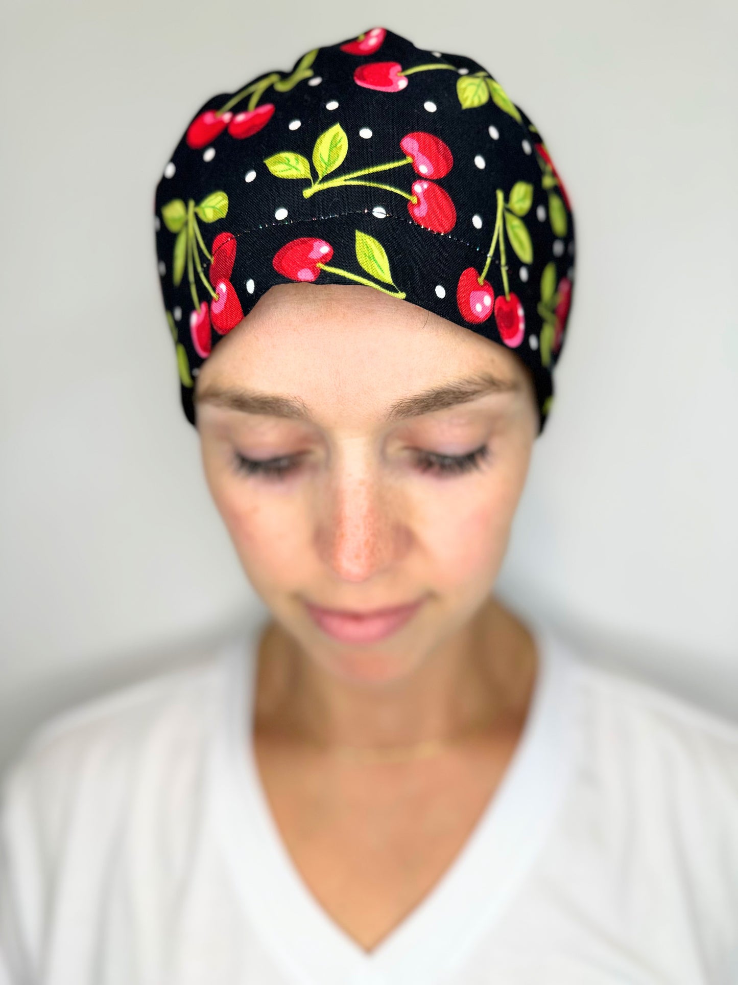 Toggle Back- Bold Cherries (Small Fit): Euro-Style Scrub Cap