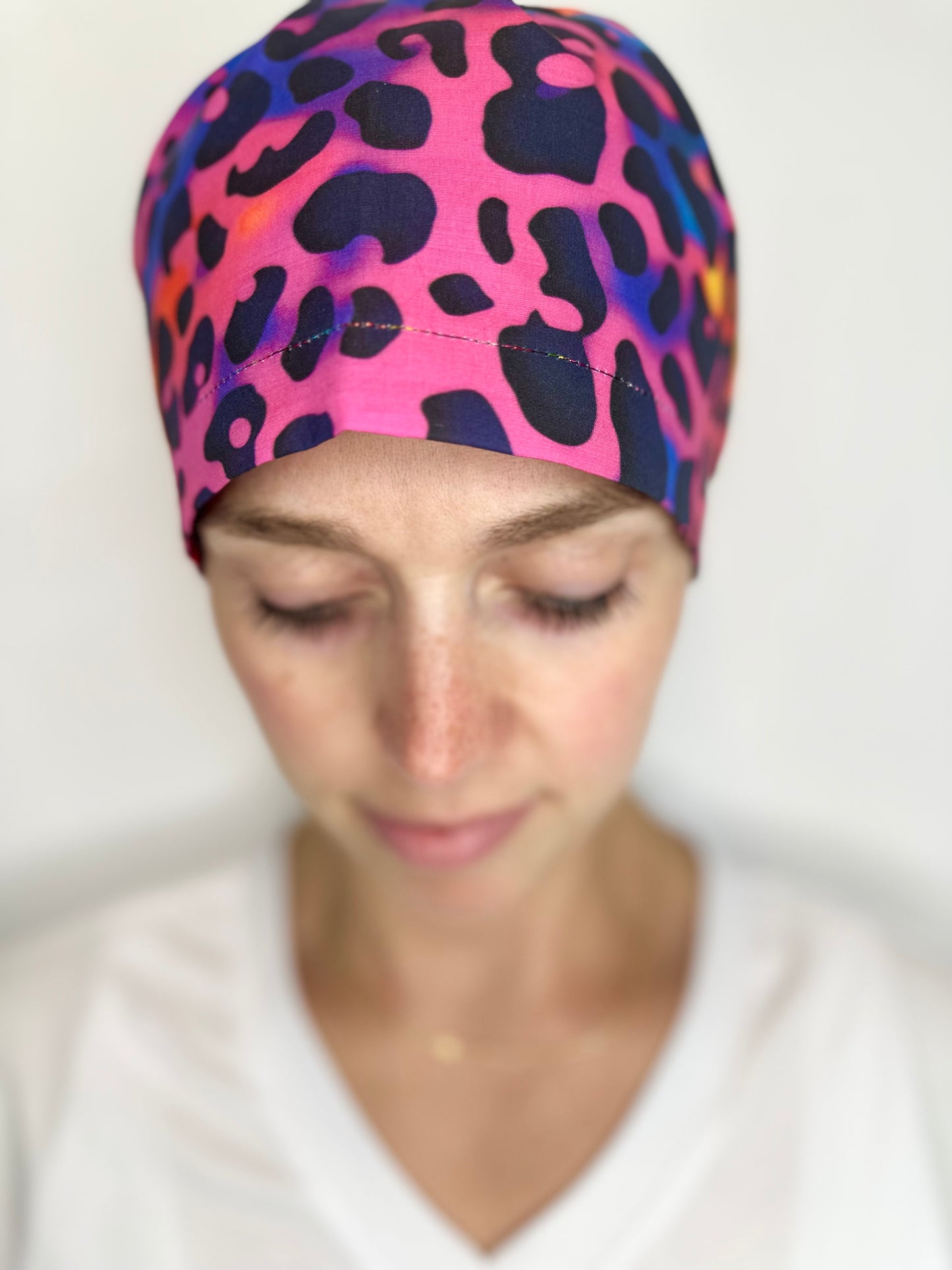 Toggle Back- Electric Leopard: Euro-Style Scrub Cap