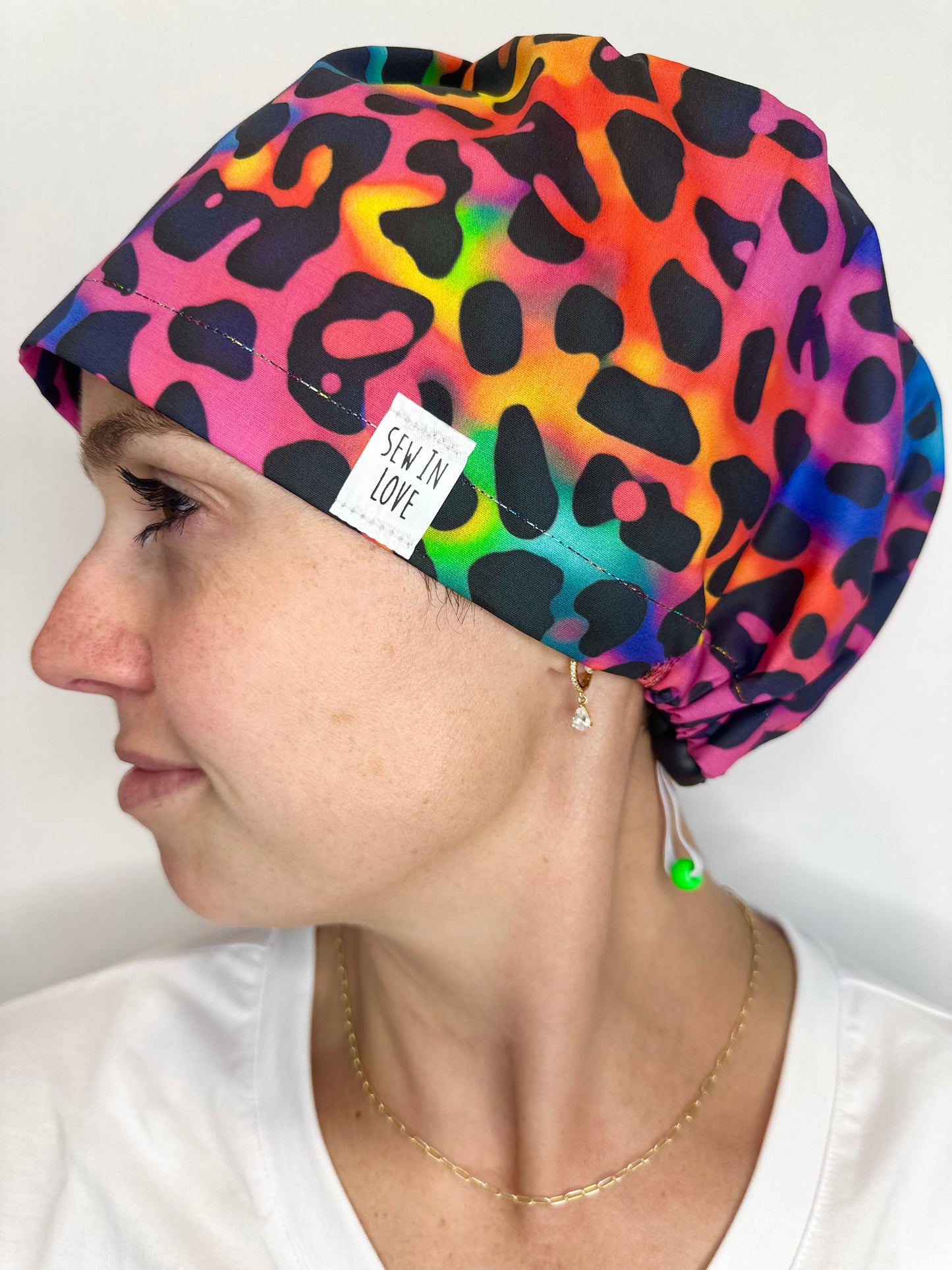 Toggle Back- Electric Leopard: Euro-Style Scrub Cap