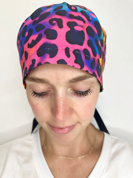 Ribbon Back-Electric Leopard: Euro-Style Scrub Cap