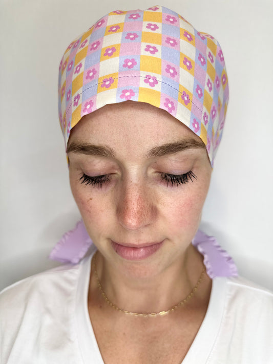 Ribbon Back-Checkered Floral: Euro-Style Scrub Cap