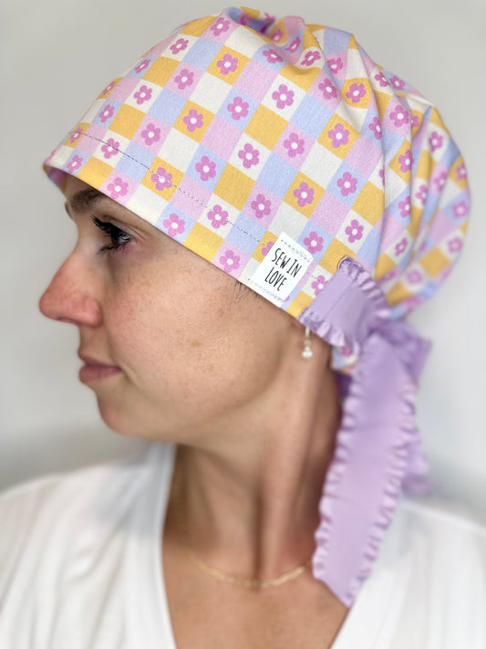 Ribbon Back-Checkered Floral: Euro-Style Scrub Cap