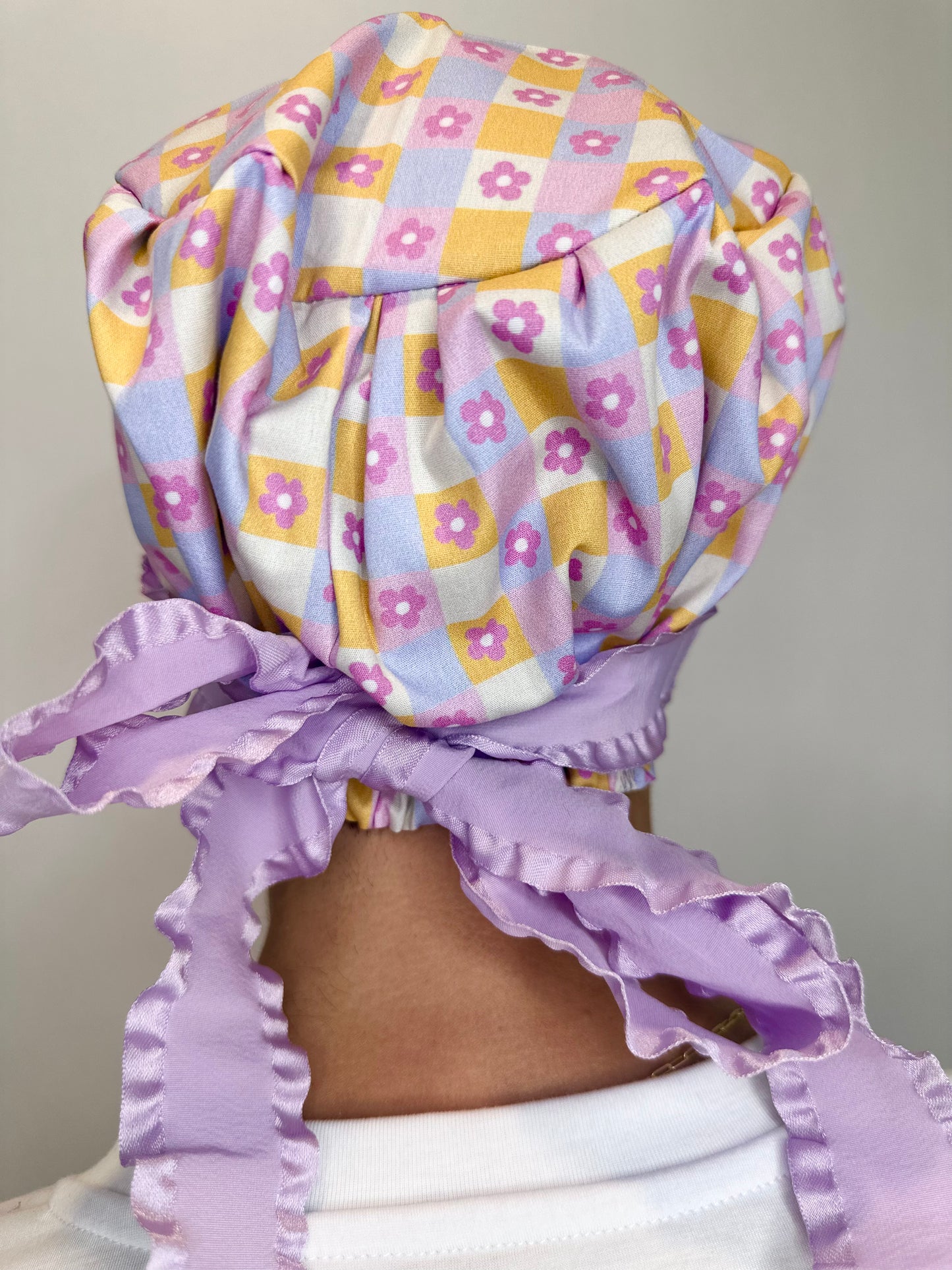 Ribbon Back-Checkered Floral: Euro-Style Scrub Cap